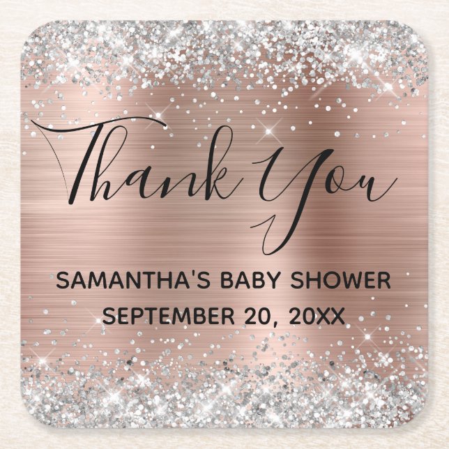 Silver Glitzer Rose Gold Baby Dusche Vielen Dank Rechteckiger Pappuntersetzer (Vorderseite)