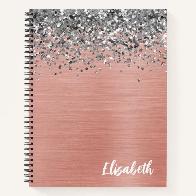 Silver Glitzer Rose Gold Brushed Metal Monogram No Notizbuch (Vorderseite)