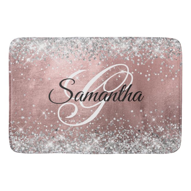 Silver Glitzer Rose Gold Foil Extravagant Monogram Badematte (Vorderseite)