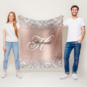 Silver Glitzer Rose Gold Foil Extravagant Monogram Fleecedecke