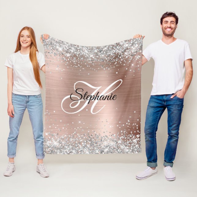 Silver Glitzer Rose Gold Foil Extravagant Monogram Fleecedecke (Beispiel)