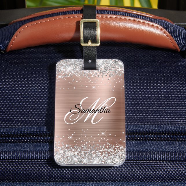 Silver Glitzer Rose Gold Foil Extravagant Monogram Gepäckanhänger (Vorderseite Insitu 2)