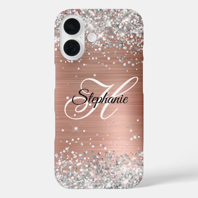 Silver Glitzer Rose Gold Foil Extravagant Monogram iPhone 16 Hülle (Rückseite)