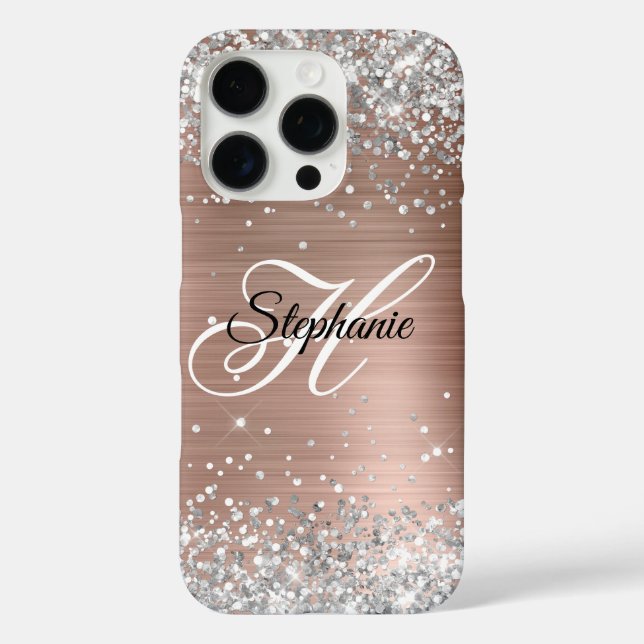 Silver Glitzer Rose Gold Foil Extravagant Monogram iPhone 16 Pro Hülle (Rückseite)