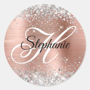 Silver Glitzer Rose Gold Foil Extravagant Monogram Runder Aufkleber
