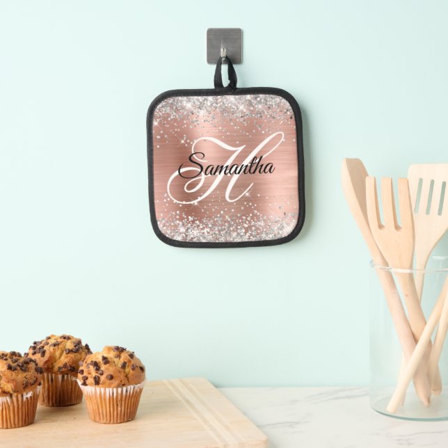 Silver Glitzer Rose Gold Foil Extravagant Monogram Topflappen (Insitu (Hängend))