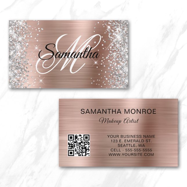 Silver Glitzer Rose Gold Foil Monogram QR Code Visitenkarte (Silver Glitter Rose Gold Foil Monogram QR Code Business Card)