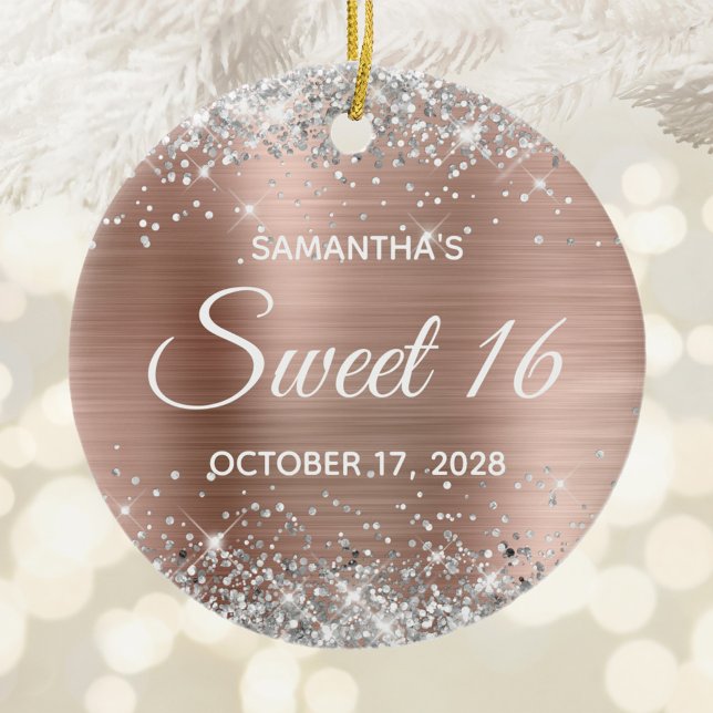 Silver Glitzer Rose Gold Foil Sweet 16 Birthday Keramik Ornament (Silver Glitter Rose Gold Foil Sweet 16 Birthday Ceramic Ornament)