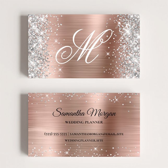 Silver Glitzer Rose Gold Fossil Extravagant Mit Mo Visitenkarte (Silver Glitter Shiny Rose Gold Foil Fancy Monogram Business Card)