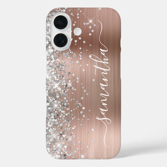 Silver Glitzer Rose Gold Metallic Girly Signature iPhone 16 Hülle (Rückseite)