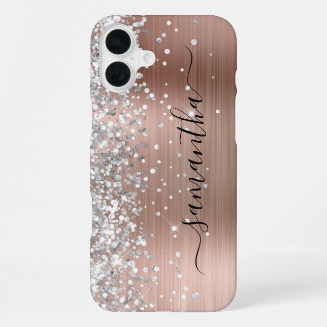Silver Glitzer Rose Gold Metallic Girly Signature iPhone 16 Plus Hülle (Rückseite)