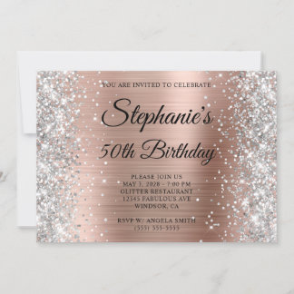 Silver Glitzer Rose Gold Monogram 50. Geburtstag Einladung