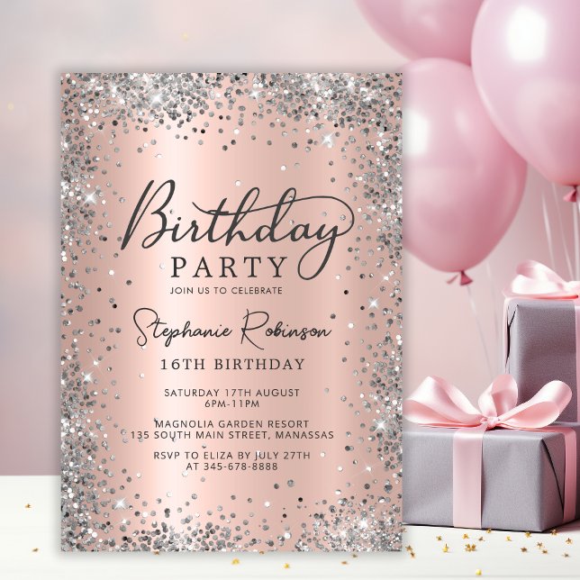 Silver Glitzer Rose Gold Sweet 16 Geburtstag Einladung (Von Creator hochgeladen)