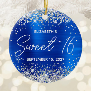 Silver Glitzer Royal Blue Extravagant Sweet 16 Fot Keramik Ornament