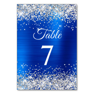 Silver Glitzer Royal Blue Foil Elegante Kalligrafi Tischnummer