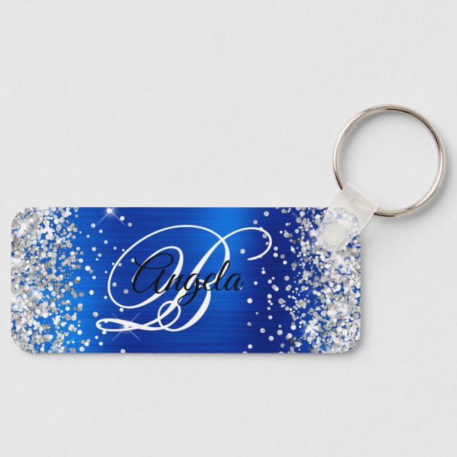 Silver Glitzer Royal Blue Foil Extravagant Monogra Schlüsselanhänger (Vorderseite)