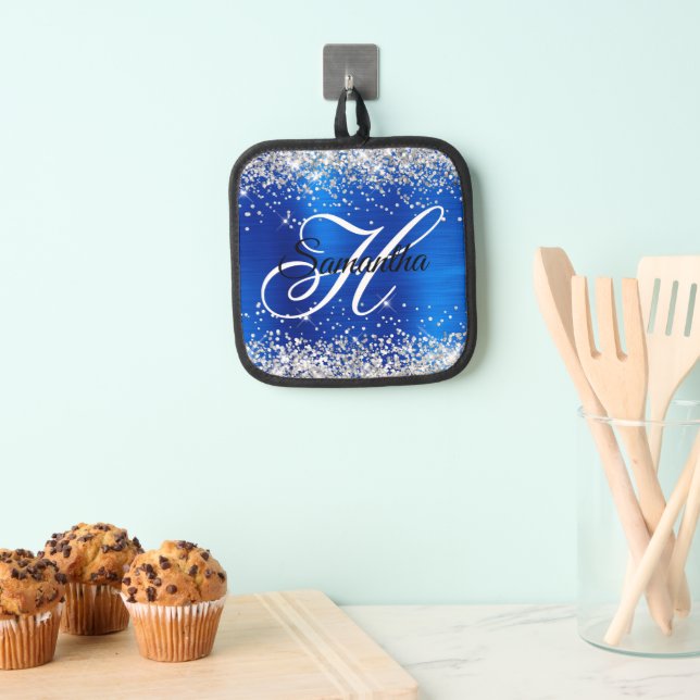 Silver Glitzer Royal Blue Foil Extravagant Monogra Topflappen (Insitu (Hängend))