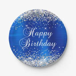 Silver Glitzer Royal Blue Foil Happy Birthday Pappteller