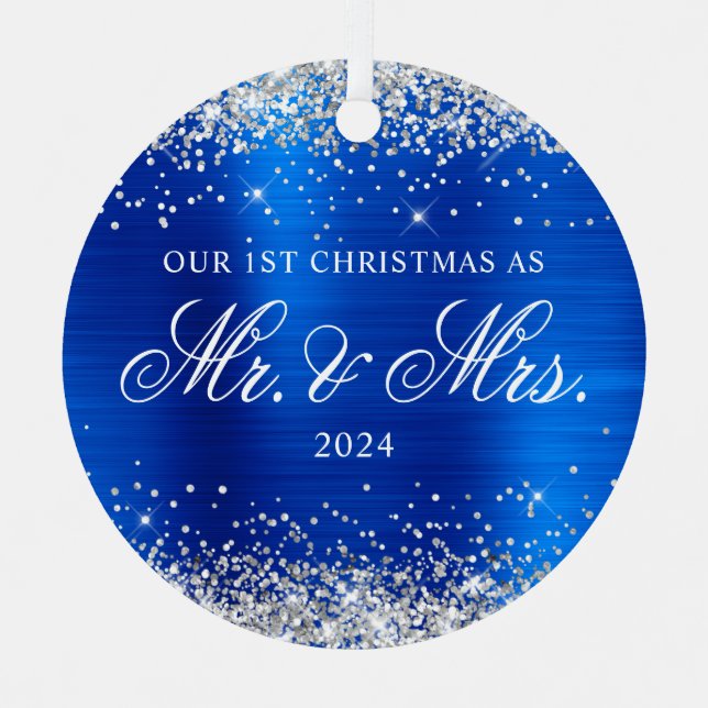 Silver Glitzer Royal Blue Foil Unser 1. Weihnachts Ornament Aus Metall (Vorderseite)