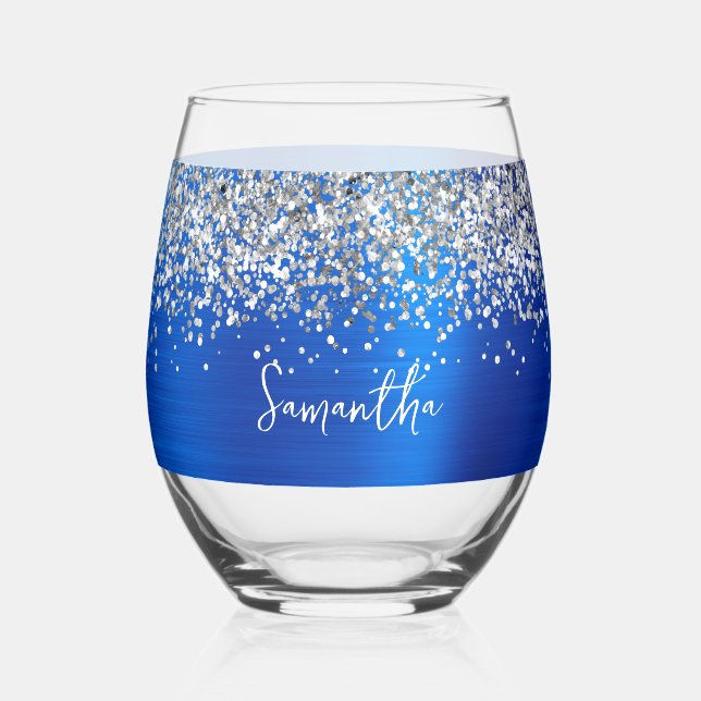Silver Glitzer Royal Blue Glam Name Weinglas Ohne Stiel (Vorderseite)