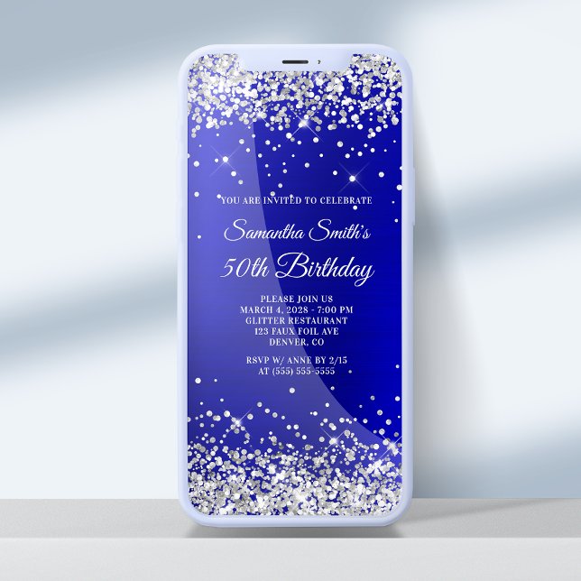 Silver Glitzer Royal Blue Satin 50. Geburtstag Einladung (Von Creator hochgeladen)