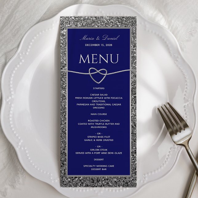 Silver Glitzer Royal Blue Wedding Menu Menükarte (Von Creator hochgeladen)