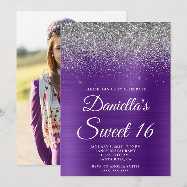 Silver Glitzer Royal Lila Foil Foto Sweet 16 Einladung (Vorne/Hinten)