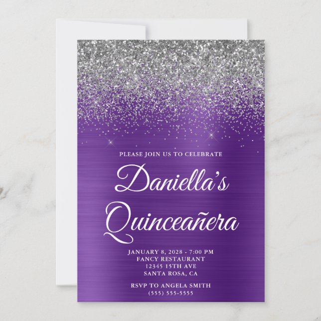 Silver Glitzer Royal Lila Foil Quinceañera Einladung (Vorderseite)