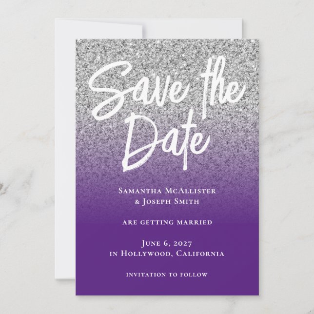 Silver Glitzer Royal Lila Ombre Save The Date (Vorderseite)