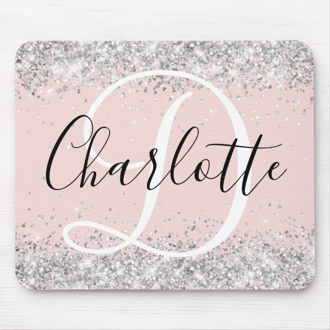 Silver Glitzer Schwarz-Weiß-Monogramm Mousepad (Vorne)