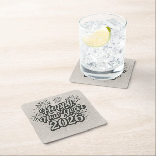 Silver Glitzer Script & Black Happy New Year 2026 Rechteckiger Pappuntersetzer