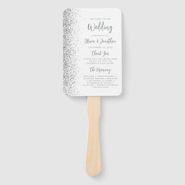 Silver Glitzer Script White Wedding Program Fächer (Vorderseite)