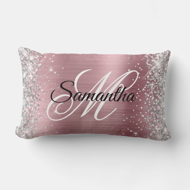 Silver Glitzer Shiny Pink Foil Monogram Lendenkissen (Vorderseite)