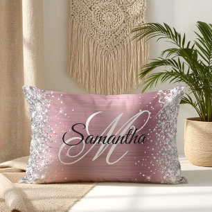 Silver Glitzer Shiny Pink Foil Monogram Lendenkissen