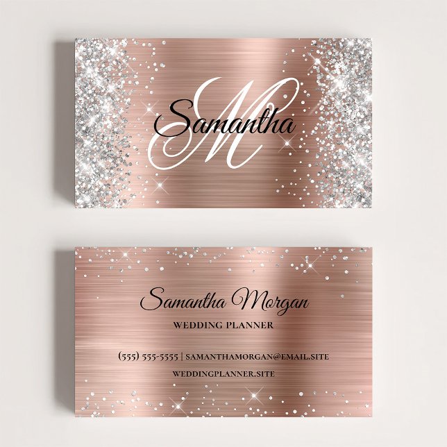 Silver Glitzer Shiny Rose Gold Foil Extravagant Mo Visitenkarte (Silver Glitter Shiny Rose Gold Foil Fancy Monogram Business Card)