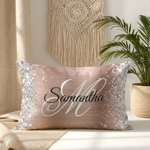 Silver Glitzer Shiny Rose Gold Foil Monogramm Lendenkissen