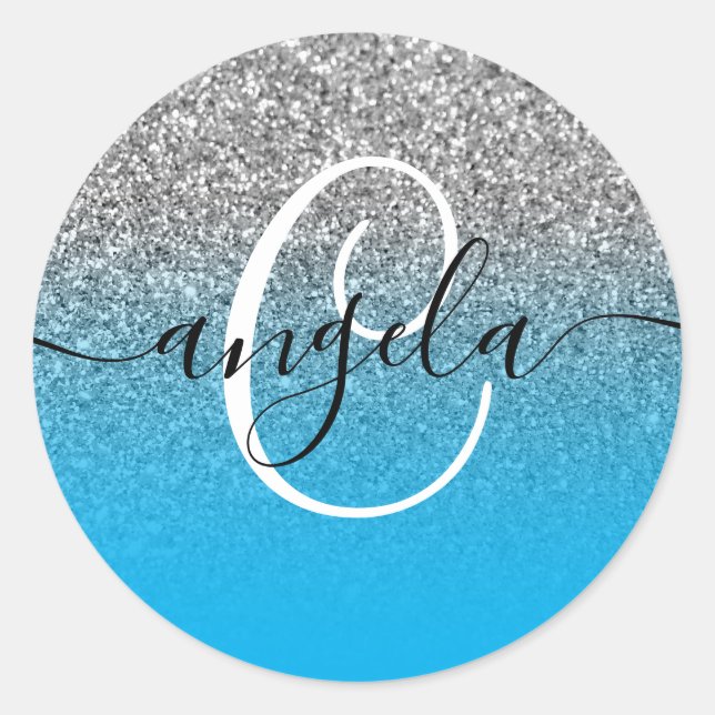 Silver Glitzer Sky Blue Ombre Mit Monogramm Runder Aufkleber (Vorderseite)