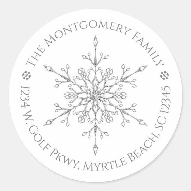 Silver Glitzer Snowflake Elegante Weihnachtsfeiert Runder Aufkleber (Vorderseite)