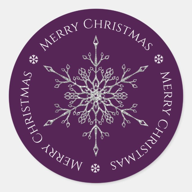 Silver Glitzer Snowflake Frohe Weihnachten Lila Runder Aufkleber (Vorderseite)