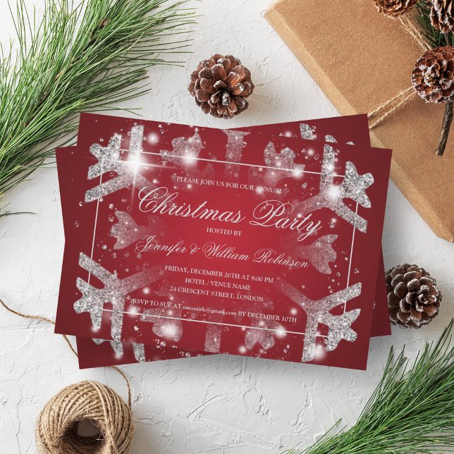Silver Glitzer Snowflake Xmas Feiertage Party Rot Einladung (Silver Glitter Snowflake Xmas Holiday Party Red Invitation)