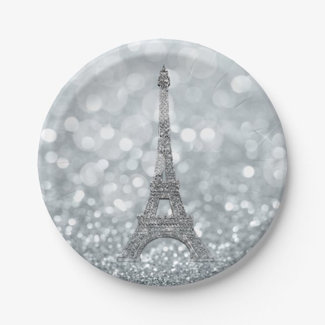 Silver Glitzer Sparkle Bling Eiffel Tower Party Pappteller (Vorderseite)