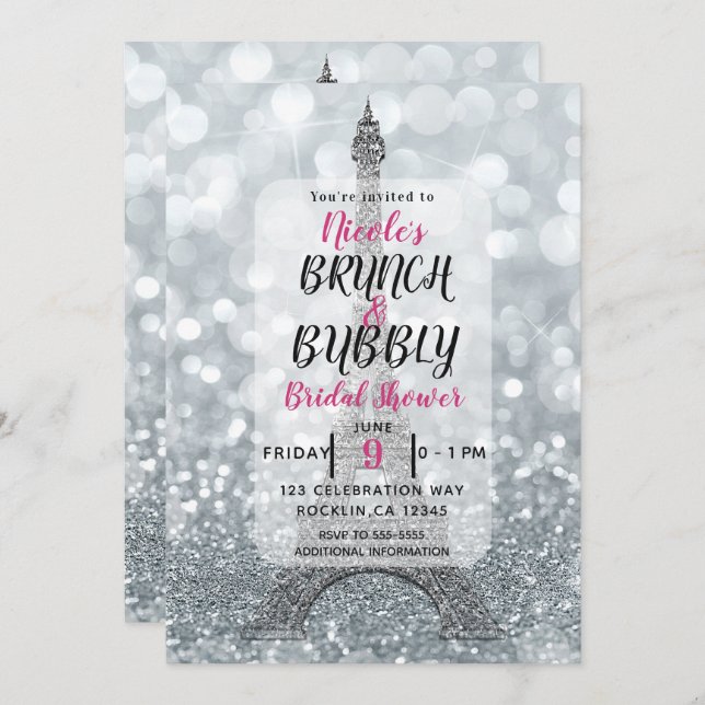 Silver Glitzer Sparkle Eiffel Tower Brunch Bubbly Einladung (Vorne/Hinten)