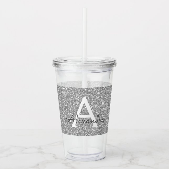 Silver Glitzer & Sparkle Monogram Birthday Acryltrinkbecher (Vorderseite)
