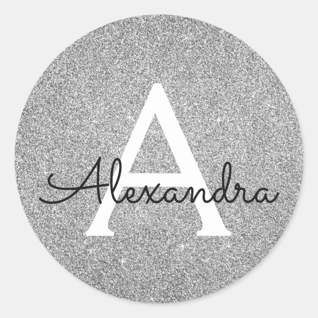 Silver Glitzer & Sparkle Monogram Birthday Runder Aufkleber (Vorderseite)