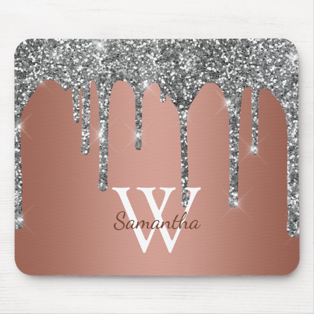Silver Glitzer Sparkle Tropfen Rose Gold Monogramm Mousepad (Vorne)