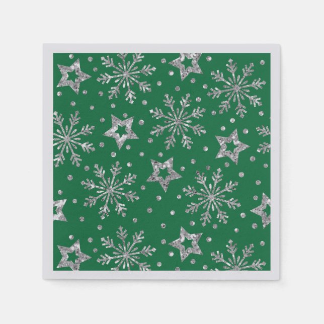 Silver Glitzer Stars & Snowflakes Neapel Serviette (Vorderseite)