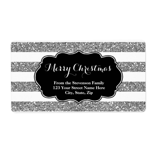 Silver Glitzer Stripes Christmas Address Label (Vorne)
