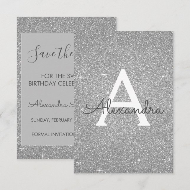 Silver Glitzer Sweet 16 Save the Date Einladung (Vorne/Hinten)