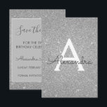Silver Glitzer Sweet 16 Save the Date Einladung<br><div class="desc">Silver Sparkle Glitzer 16 . Geburtstag Monogram Name und Initial Save the Date Geburtstagsparty Einladung. Diese Einladung ist perfekt für die Sparkle Glitzer Sweet 16 Geburtstagsparty,  die stilvoll feiern möchte.</div>