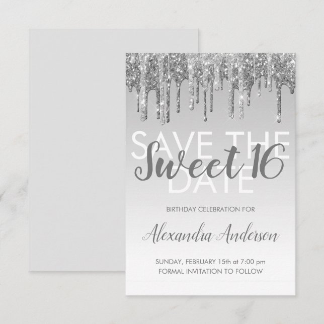Silver Glitzer Sweet 16 Save the Date Einladung (Vorne/Hinten)